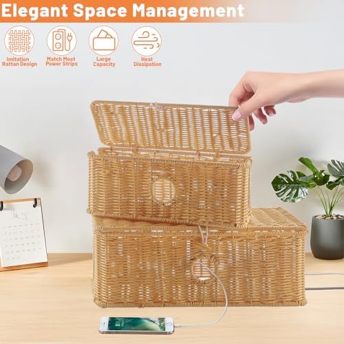 2 Pcs Handmade Cable Management Boxes Rattan Cable Organizer Large & Medium Cord Hider Organizer Boxes Power Strip Boxes