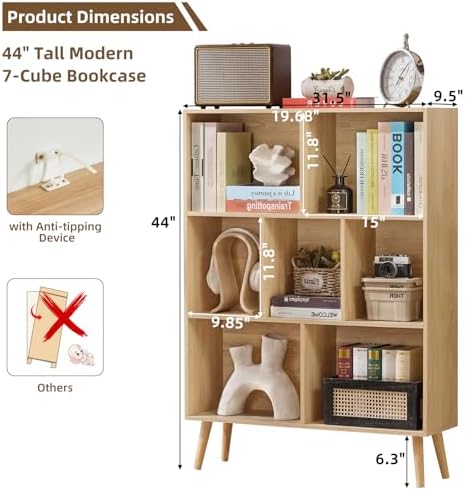 LEYAOYAO Cube Bookshelf, Mid-Century Modern Book Shelf with Legs,Light Wood