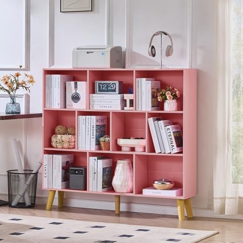 LEYAOYAO 10 Cube Bookshelf,Mid-Century Modern Bookcase with Legs,Light Pink