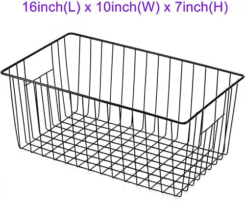 16inch Freezer Wire Storage Organizer Baskets, Household Refrigerator Bins with Built-in Handles, Black, 6PACK