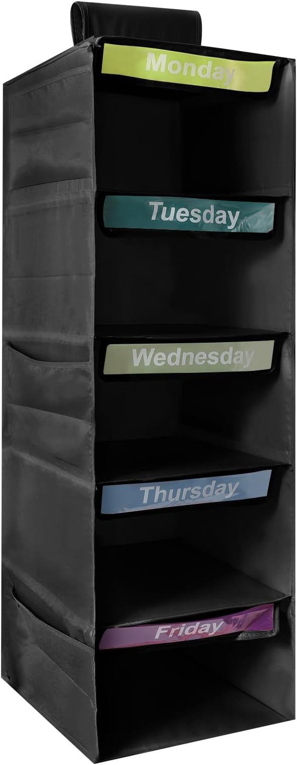 5-Shelf Weekly Clothes Organizer for Kids Days of The Week Storage (Black) | Days of The Week Hanging Storage Shelves for Dorm Room Essential, Daily Shelf Closet Organizer with 6 Side Pockets