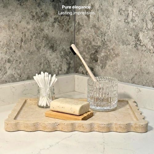 Scalloped Travertine Tray, Elegant Decorative Natural Marble Tray for Vanity, Bathroom, Kitchen and Home Decor, Pure Nat