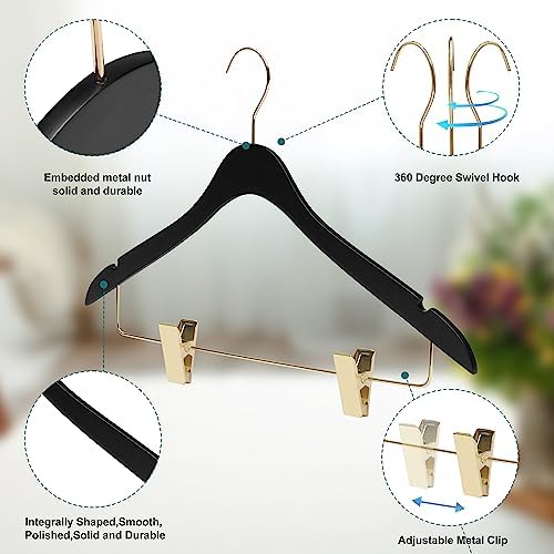 20 Luxury 16.5" Ultra Thin Space Saving Black Wooden Skirt Pant Hangers, 360 Degree Swivel Hook, Best for Suit, Coat Hangers Pants, Blouses, Dress Hangers Black with Gold Hook (Skirt/Blouse, 20)