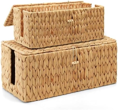 Posprica Cable Management Box with Lid, 2Pack Handwoven Real Water Hyacinth Cord Hider Organizer Boxes, 2 Side Open Slot
