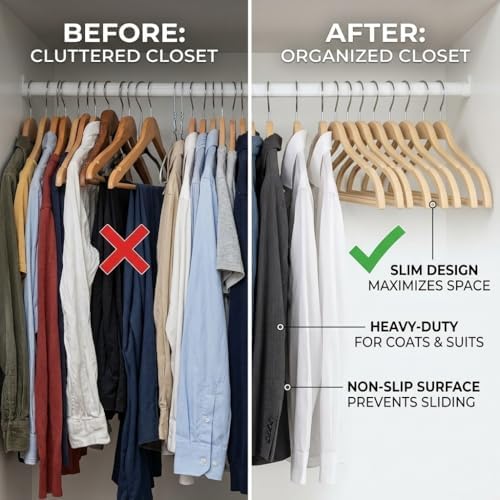 50 Pack Heavy Duty Wood-Like Plastic Hangers | Slim, Non Slip Design with 360° Rotatable Anti Rust Hook | Thin Hangers f