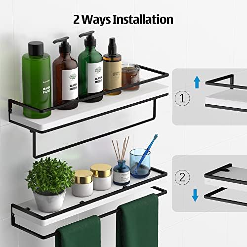 Meangood Floating Shelves Wall Mounted Set of 2, Wall Shelf with Towel Bar Rustic Wood Wall Storage Shelves for Bedroom,