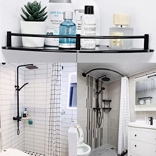 Glass Bathroom Shelf with Rustproof Rail, Black Corner Shower Shelf