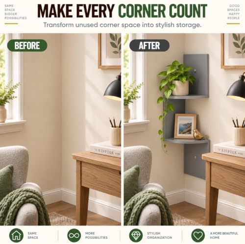 Greenco 2-Tier Corner Shelves, Gray Finish | Floating Wall-Mounted Home Decor Set | Corner Wall Shelf | Living Room, Bed