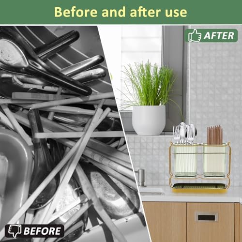 2 Pcs Green Toothbrush Holders for Bathrooms, 2 Cups Toothbrush Holders with Drain Tray, Wall Mounted Countertop Organiz