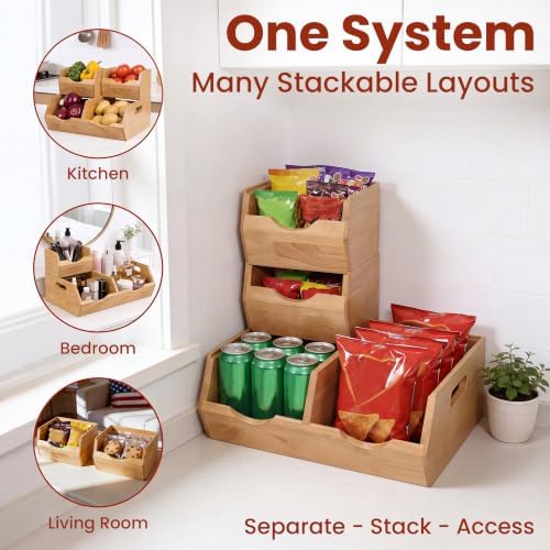 HOMESTEAD Stackable Solid Wood Storage Bins for Pantry & Countertop, Ventilated Potato and Onion Organizer with Handles,