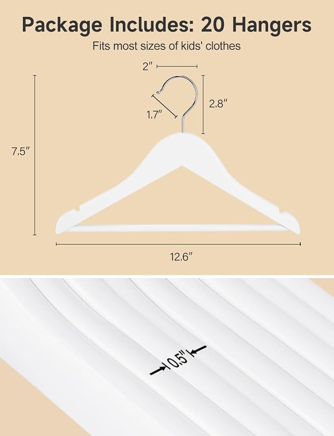 StorageWorks Baby Hangers 20 Pack, Maple Wood Clothes Organizer for Toddler, Kids Wooden Hanger with Pant Bar for Closet, White