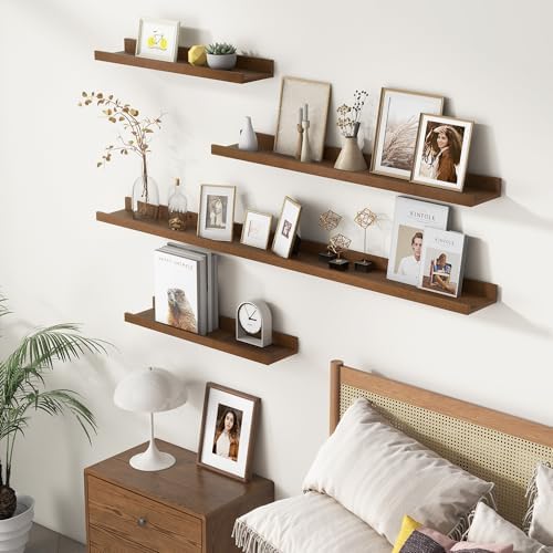 FLYJOE Picture Ledge Wall Shelves - Set of 3, 56 inches Width, Solid Pine Wood Rustic Floating Ledge Shelves for Kids' Room, Bedroom, Kitchen, Bathroom, Walnut