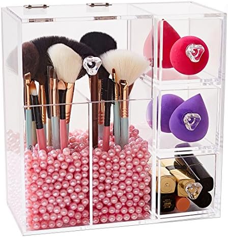 Clear Acrylic Covered Makeup Brush Holder with Dustproof Lid, 3 Drawers, Pearls Beads for Cosmetics Brushes Storage (Pin