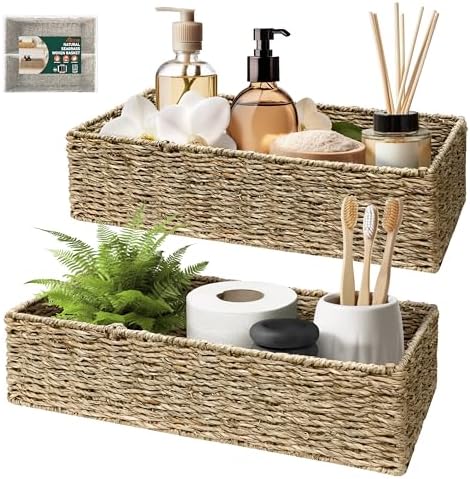 HOMESTEAD 2-Pack Rectangular Seagrass Storage Baskets with Built-In Handles, Handwoven Wicker Baskets for Pantry, Shelf, Closet & Bathroom Organization, 16 × 6.75 × 4.25 in