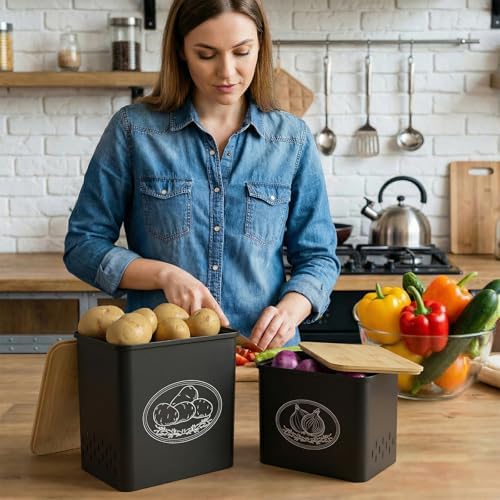 Lifewit Plastic Potato and Onion Storage Bin Box, Set of 2, Black