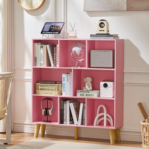 LEYAOYAO 8 Cube Bookshelf,Mid-Century Modern Bookcase with Legs,Light Pink