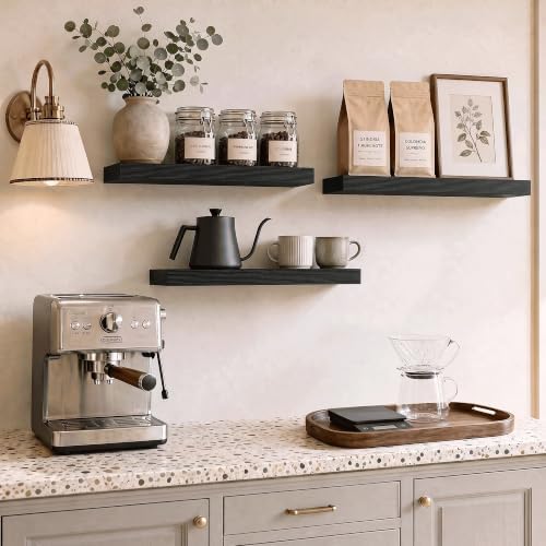 24 Inch Floating Shelves Black, 8" Deep Wall Shelf, Wall Mounted Wood Shelf