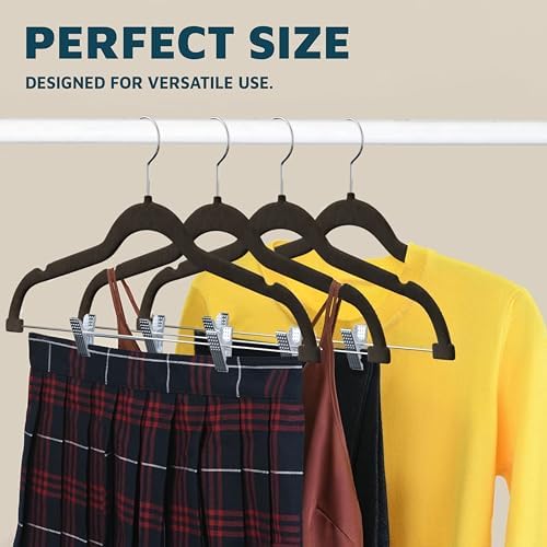 Lifemaster Velvet Skirt Hangers – with Adjustable Clips, 360 Degree Swivel Hook, and Non-Slip Shoulder Notch, Holds Up to 10 lbs, for Organizing Skirt, Pants, Dress, and Clothes, Pack of 30, Brown