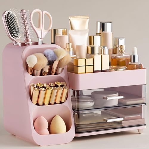 HBlife Makeup Organizer with Brush Holder for Vanity, Large Plastic Bathroom Countertop Organizer Skin Care Storage, Eas