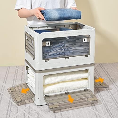32Qt Plastic Storage Bins With Lid, Collapsible With Wheels, 4 Doors, Stackable for Organizing Clothes, Snacks and Campi