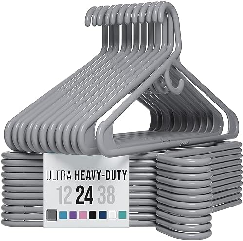 NEATERIZE Thick Heavy Duty Hangers - Grey Plastic Clothes Hangers 24 Pack - Great for Coat Hanger, Jackets Jeans & Suit Hanger for Closet - New Apartment Essentials Percheros Ganchos para Colgar Ropa