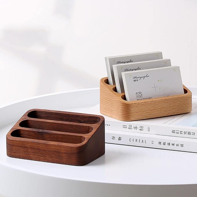 Sizikato 2pcs Beech Wood Business Card Holder for Desk, 3 Card Slots Business Card Display Holder Stand