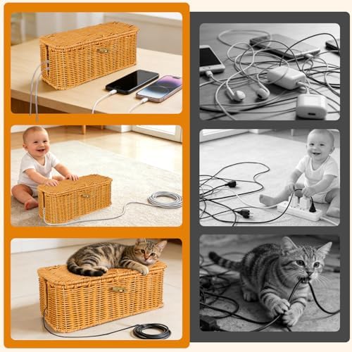 2 Pcs Handwoven Rattan Cable Management Box,Cord Organizer Box with Lid,Open-Slot Cord Hiding Basket,Decorative Storage 