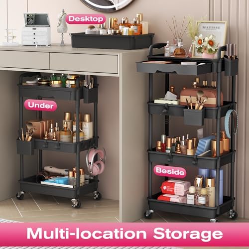 Goovilla Rolling Makeup Organizer Cart with Removable Drawer, 3 Tier Black