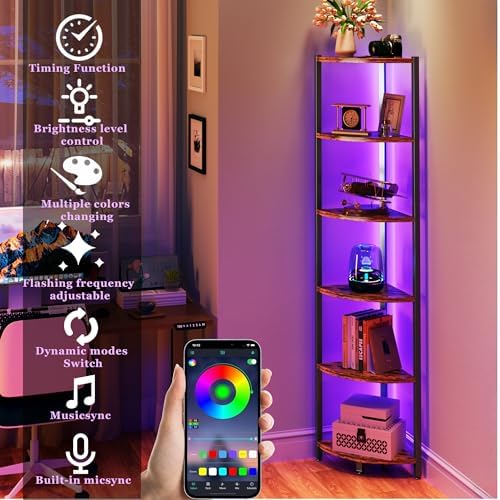 Corner Shelf with LED Lights, 6-Tier Corner Bookshelf, 66'' Organizer Book Shelf Shelves Steel Frame Display Stand with 