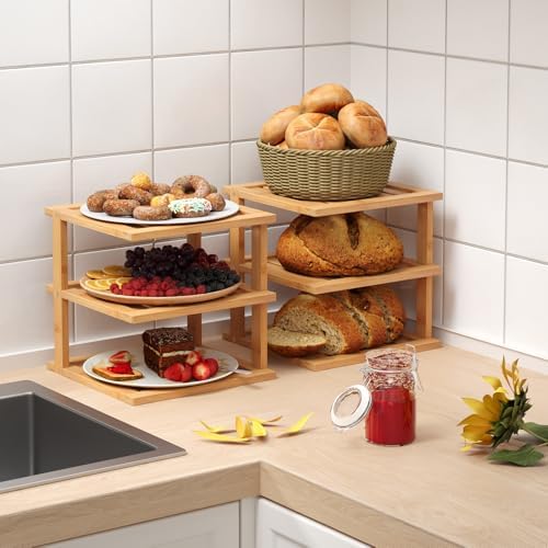 4 Pack Bamboo Corner Shelf,3 Tier Kitchen Cabinet Organizer for Plates and Dishes,Pantry Storage and Spice Rack（Natural）