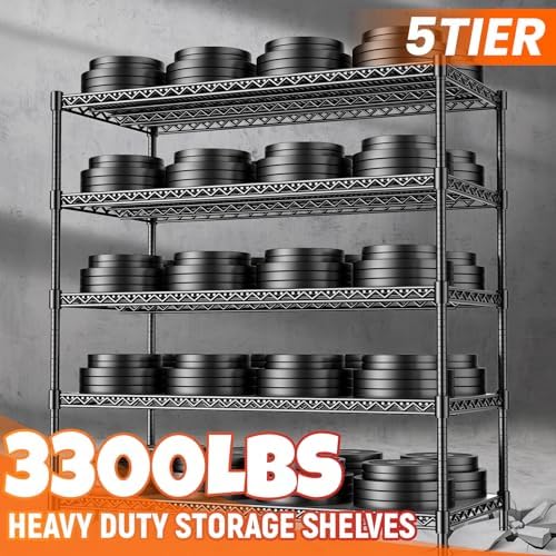24" D Storage Shelves 3300 LBS Heavy Duty Garage Shelving, 5 Tier Metal Shelving Adjustable Wire Shelving Unit with Line