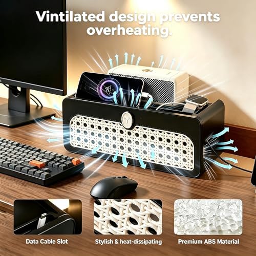 Black Faux Rattan Cable Management Box, Woven Power Strip Cover