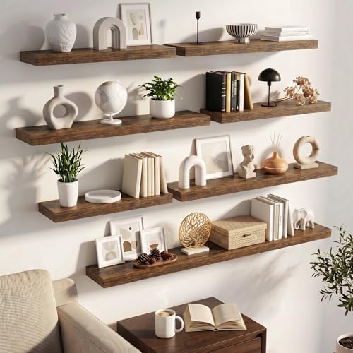 FLYJOE 55 Inch Floating Shelves for Wall Set of 2, 6.5" D Wood Grain Bathroom Shelves with Invisible Brackets, Easy Inst