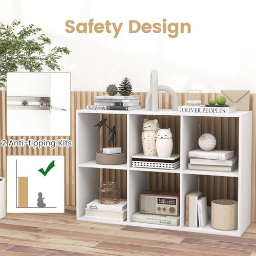 6 Cube Storage Organizer, 2 Tier Floor Standing Bookcase with Anti-Toppling Kits, Wooden Open Display Shelf for Living R