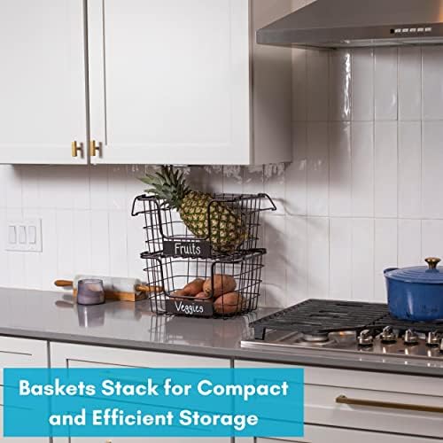 BIRDROCK HOME Stacking Wire Market Baskets with Chalk Label | Set of 2 | Fruit Vegetable Produce Metal Storage Bin for K