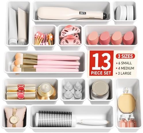 Canfanni 13 Pack Plastic Drawer Organizers Set, 3 Sizes Desk Drawer Organizer Trays for Vanity and Makeup Organizer, Organization and Storage for Makeup, Kitchen Utensils, Bathroom and Office(White)