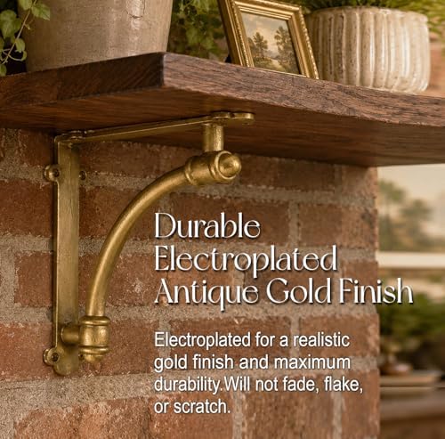 NACH Decorative Shelf Brackets, 2 Pack of 9.6 x 1.7 x 9.6 inch Gold Brackets - Cast Iron Shelf Brackets for Mounting - H