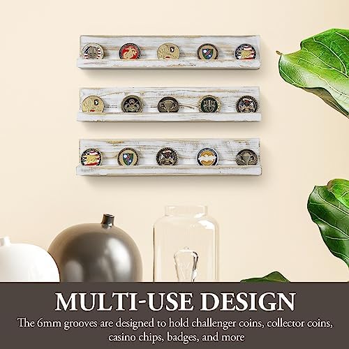 MyGift Whitewashed Wood Challenge Coin Holder, Wall Rack Set of 3