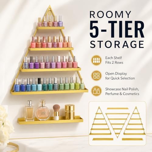 Gold Nail Polish Display Racks, 6-Piece Iron Triangle Wall-Mounted, 110lb Capacity, 26x2.76x27.6in for Salon and Home Or