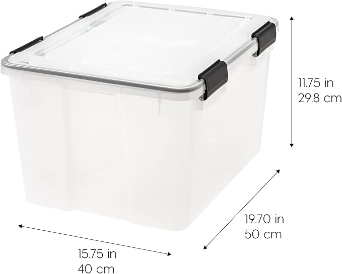 IRIS USA WeatherPro Storage Bins with Lids, 47 Qt, Gasket Seal, 2 Pack | Airtight gasket helps protect clothing, shoes, crafts, keepsakes, and household supplies from moisture and dust.