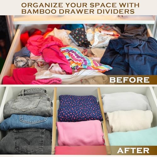 DoubleFill 8 Pcs Deep Bamboo Drawer Dividers, Deep Kitchen Dresser Drawer Organizer with Spring Loaded for Clothes, Adju
