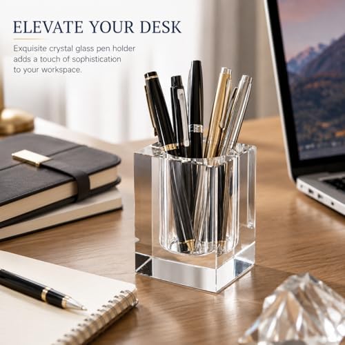 Coideal Glass Crystal Pen Pencil Cup Holder, Square Clear Small Desk Table Organizer Gift for Office School, Teacher and Student