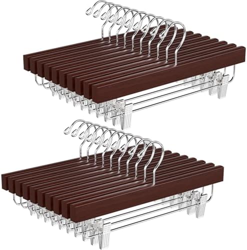 BAGAIL 20 Pack Wooden Pants Hangers with Adjustable Clips, 360°Swivel Hook Space Saving Skirt Holders with Anti-Rust Clips for Trousers, Jeans, Shorts(Walnut)