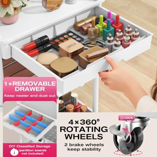 Goovilla Rolling Makeup Organizer Cart with Removable Drawer, 4 Tier White