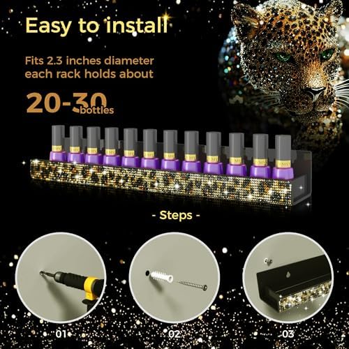 Nail Polish Wall Shelf -15 Inch Acrylic Black with Bling Leopard Print Sparkling Crystal Rhinestone, Essential Oil Organ