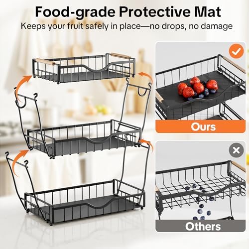 3 Tier Fruit Bowl,Fruit Basket with Banana Hangers,Black