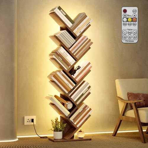 Hoctieon 10 Tier Tree Bookshelf with LED Light, Small Bookcase, Freestanding Book Shelf, Display Floor Standing Storage 