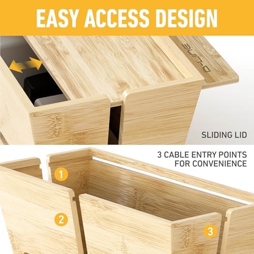D-Line Bamboo Cable Management Box – Hide Power Strips, Large Cable Organizer Box for Home & Office, Wooden Cord Organis