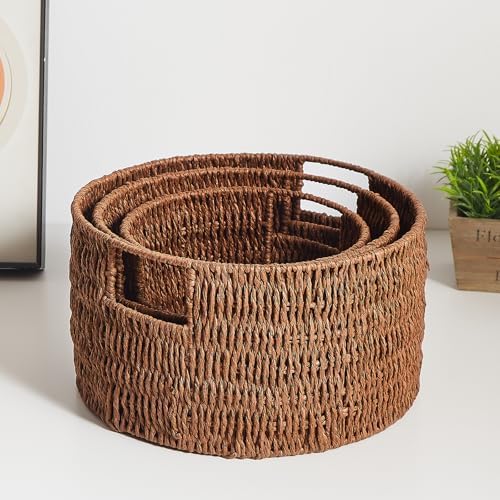 Vagusicc Wicker Storage Basket, Hand-Woven Paper Rope Large Round Woven Basket With Handles, Wicker Baskets for Organizing/Storage, Brown, 3-Pack