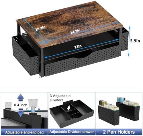 Spacrea Computer Monitor Stand with Drawer and 2 Pen Holders, Wood